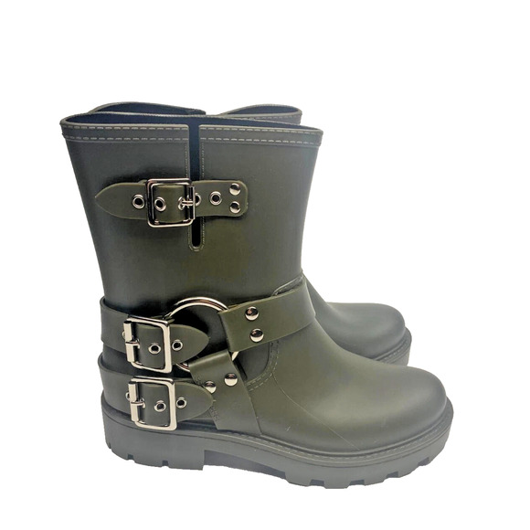 JEFFREY CAMPBELL Controller Army Green 6 Moto Buckles Lugged Sole Rain Booties - Picture 2 of 5